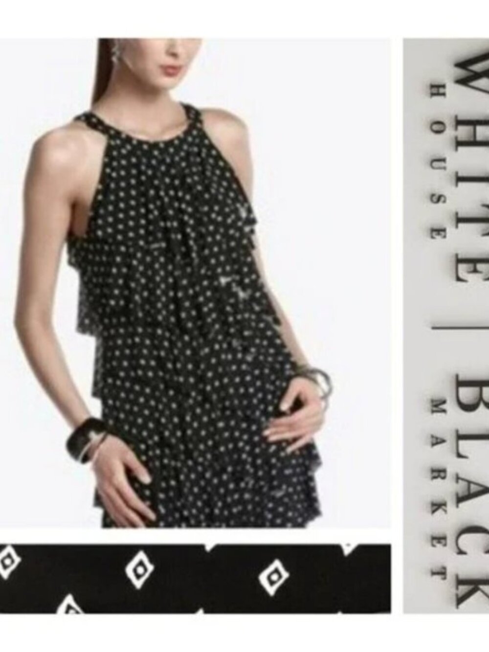 White House Black Market Black White Diamond Geometric Print Ruffle Tiered Dress